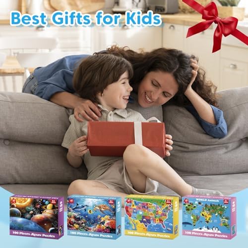 4 Packs 100 Piece Puzzles for Kids Ages 4-6 6-8 8-10, Educational Kids Jigsaw Puzzle Set, Ocean Space US Map World Animals Learning Puzzle Toy Gift for Boys Girls Teens Adults Kids Puzzles 4-6 5-8 - Image 6