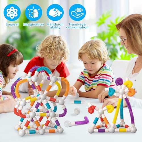 ROUSKY Magnetic Building Blocks Construction Set, 66 Pieces, Educational STEM Toy with Flexible Tubes and Connectors (66PCS) - Image 4