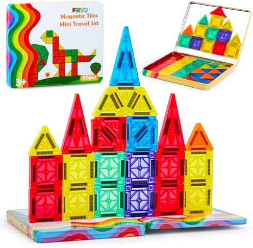 FNJO Mini Magnetic Tiles, Magnet Building Set,60 PCS Building Blocks Set STEM Preschool Montessori Toy for Kids Boys Girls by FNJO