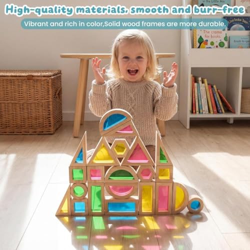 WOODENFUN Wooden Building Blocks Set for Kids, 22 Pcs Rainbow Stacker Game - Image 5