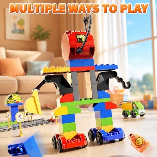 Toddlers Car Building Blocks Set, 72 Pcs Large Building Blocks, STEM Construction Toys Include Excavator,Bulldozer,Dump Truck,Road Traffic,Signs,Toys for 3 4 5 4 7 8 Year Old Boys Girls - Image 5
