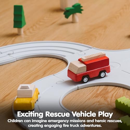 PlanToys® Fire Truck Wooden Montessori Vehicle Kids Indoor Outdoor Play Toy - Image 5