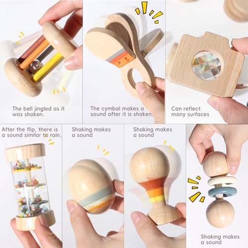 Wooden Baby Rattle Set, 7-in-1 Montessori Toys for Infants 0-6 Months, Moonkie Natural Wooden Baby Toys with Sensory Musical Instruments & Storage Bag - Image 3