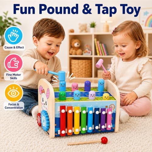4-in-1 Wooden Hammering Toy with Xylophone, Clock and Gears, Ages 3+ - Image 2