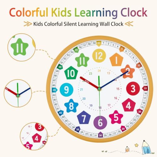 HZDHCLH Kids Wall Clock for Learning to Tell Time 8 Inch Silent Non Ticking Analog Clock with Colorful Shape Numbers Battery Operated Educational Clock for Classroom, Bedroom,Homeschool(Wood Grain) - Image 4