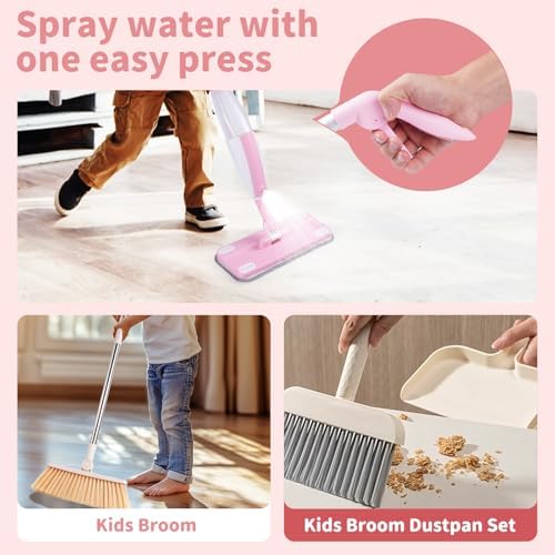 Kids Spray Mop,Toddler Mop Cleaning Set, Real Working Mini Mop & Kids Broom Dustpan Set, Housekeeping Pretend Play Toy, Montessori Kid Cleaning Toy Set Includes Organizer Clip -Pink - Image 4
