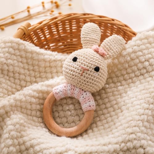 Chriswell Wooden Baby Rattle，Crochet Bunny Rattle with Wood Ring, Newborn Wooden Animal Rattle Toy，Infant Bunny Wood Rattle Toys，Bunny-2 - Image 4