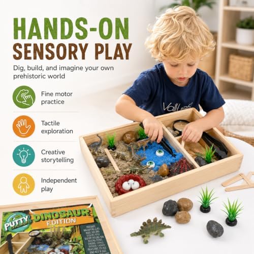Putty Explorers Dinosaur Sensory Bin Kit for Kids Ages 4-8, Wooden Play & Storage Box with 3 Colors of Sensory Sand, Dino Figures, Eggs, Volcano & Explorer Tools, STEM Imaginative Play - Image 6