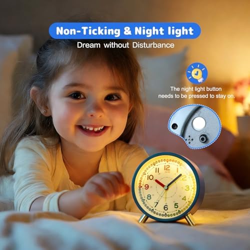 Kids Alarm Clock, Silent Non-Ticking, Analog Learning Clock for School Beginners, Stylish Round Metal Clock, Easy to Read, Battery Operated Student Back to School Gifts - Image 5