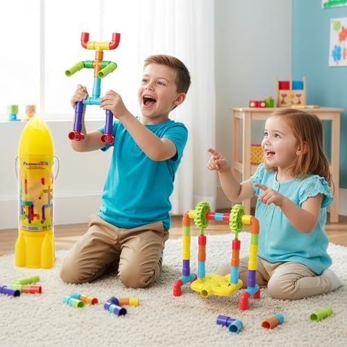 PicassoTiles Pipe Tube Construction Building Toys Stacking Toy Puzzle Game for Early Learning Montessori Playset Educational Connector Blocks Brain Development Kit Ages 3+ Toddler Boys & Girls PTT137 - Image 2