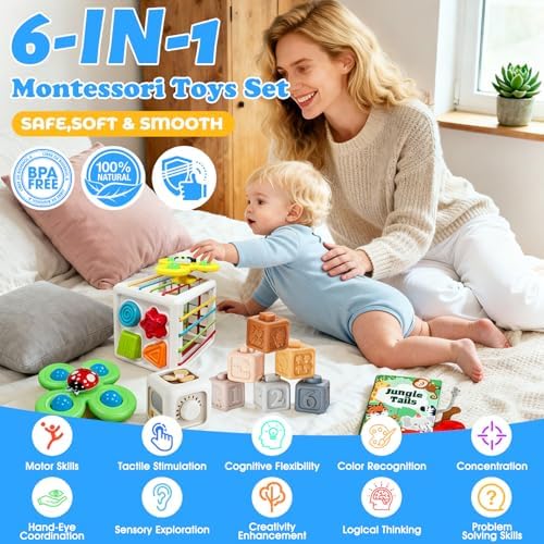 6 in 1 montessori baby toys for 6-36 months old-incl Busy Cube,stacking cups,Shape Sorting Bin,baby blocks,crinkle books, suction cups spinners,Sorting Learning Sensory Toys Gift for Babies Aged 1-3 - Image 2