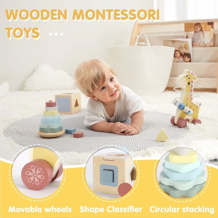 FReniland Montessori Toys for 1 Year Old，3-in-1 Wooden Baby Toys，Wooden Stacking Toy，Toddler Shape Sorting Cube, Giraffe Ring Toy,Newborn Baby Gift Sets for Boys and Girls - Image 2