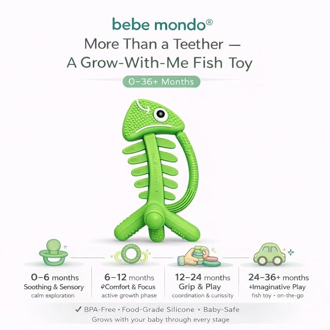 3 in 1 Infant Toys, Baby Teething Toys 3–6 6–12 Months, Teethers for Babies 0–3–6–12 Months for Teething Relief, Baby Gift, Baby Teether Toys, Silicone Sensory Toys, USA Patent Pending, Fish (Green)