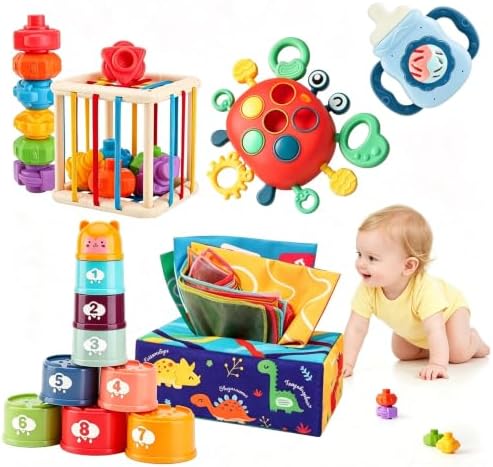 YOOYID 5 in 1 Baby Toys 6 to 12 to 18 Months, Montessori Toy for Babies 6-12 Months, Gifts for 1 Year Old, Sensory Toys for Babies, Baby Tissue Box, Stacking Cups, Shape Sorter Cube by YOOYIDTOYS