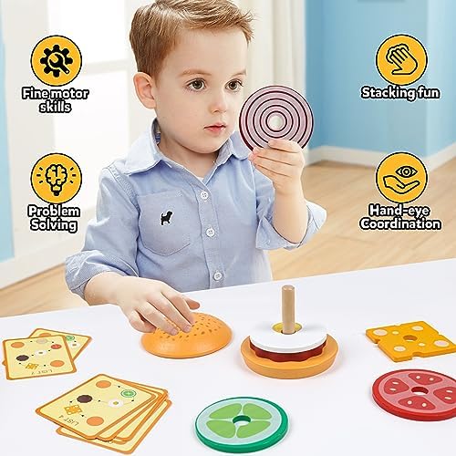 Kizh Wooden Burger Sorting Stacking Toy for Toddlers - Preschool Montessori Educational Fine Motor Toys for Kids Boys Girls - Image 5