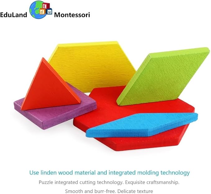 Math/Sensorial - Shapes Construction Set 155 Pcs Wooden Pattern Blocks Geometric Shape Puzzle Classic Educational Montessori Tangram Shapes Toys for Kids Ages 3-8 with 24 Pcs Cards - Image 5