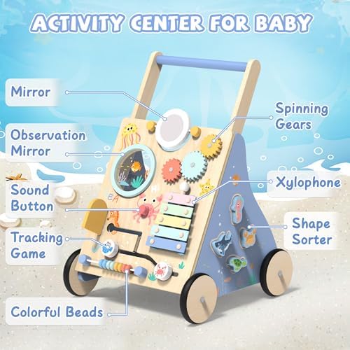 Ocean-Themed Wooden Baby Walker with Activity Center, Montessori Push Walker Toy for Babies 18 Months, Safe First Steps Baby Walking Aid for Boys & Girls - Image 2