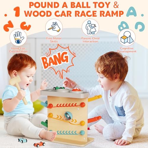 Montessori Toys for 1 Year Old, 2-in-1 Ball Drop Toy & Wooden Car Ramp Toy with Hammer and 4 Cars, First Birthday Gifts for 1 2 Year Old Boy Girl - Image 5