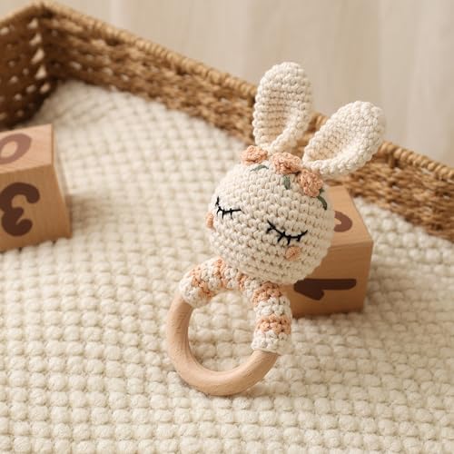 Natural Hand-Knit Wooden Baby Rattle - Soft Animal Shaped Sensory Toy for Newborns, Infants | Safe Beechwood & Crochet Texture | Perfect Baby Shower Gift - Image 5