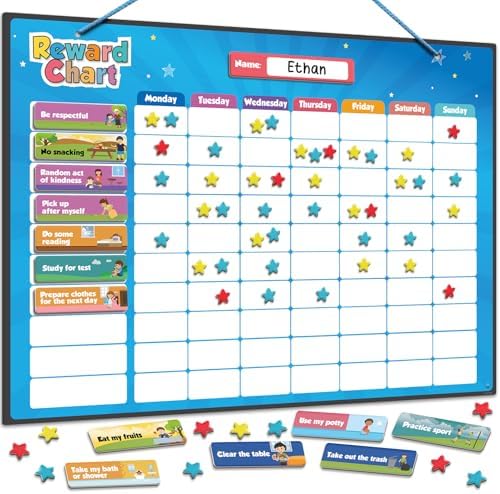 inamio Magnetic Kids Responsibility Reward Chart - Engaging 3D Stars & Chore Tasks - Behavior Chart for Home & School - Ideal for Ages 3-9, Multiple Kids by Inamio