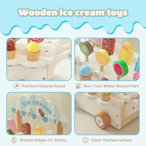 BROWNROOT Wooden Ice Cream Cart, Pull Along Pretend Play Toy for Kids - Image 2