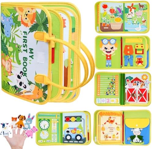 Montessori Busy Book for Toddlers 1-3, 20-in-1 Quiet Book with Bonus Animal Finger Puppets, Sensory Travel Activity Book for Toddlers, Educational Toy for Fine Motor Skills & Early Learning by Disracker