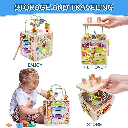 Wooden Activity Cube | Montessori Toys for 1 2 3 Year Old Toddler Gifts - Image 3