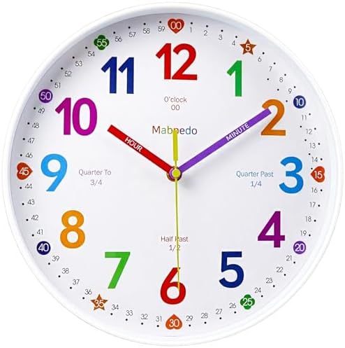 Colorful Teaching Wall Clock, 8 Inch Learning Classroom Clock, Battery Operated Silent Analog Clocks for Bedroom Classroom Decor, Homeschool Supplies Telling Time Teaching Clocks for Kids by MABPEDO