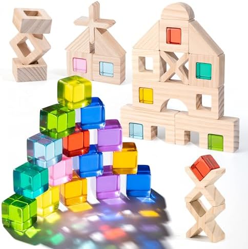 Woodtoe 47 PCS Rainbow Blocks Set, Wooden Building Blocks for Kids Ages 3-6 by Woodtoe