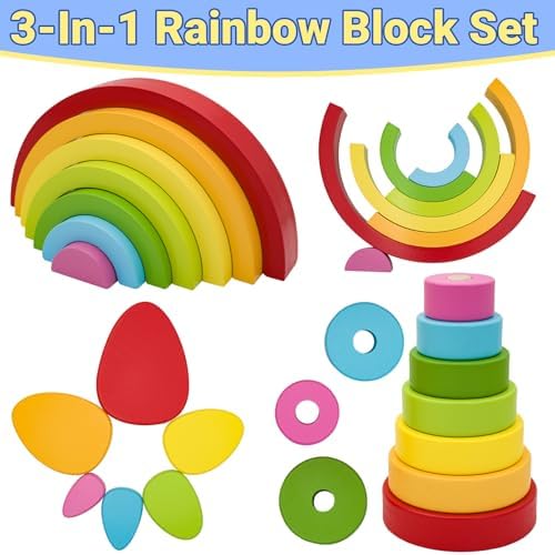 MEGRANATE Montessori Wooden Rainbow Stacking Toys for Kids Wood Building Blocks Nesting Puzzle Toy Colorful Stacker Arch Game Sensory Educational Learning Toys for 3+ Year Old Kids - Image 3