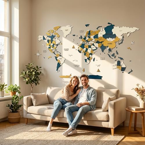 Colorfull Worlds 3D Wooden World Map Wall Art | Unique Wall Decor with Pins for Travel Enthusiasts | Home and Office Wall Décor | Gold-Blue | XLarge - Image 2