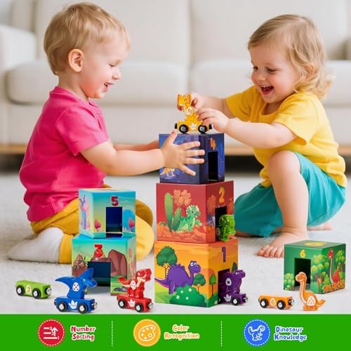 Atoylink Toddler Dinosaur Sorting and Stacking Toys with Magnetic Wooden Dinosaur Train Set, Baby Number Blocks Nesting Boxes Preschool Learning Montessori Toys for 3 Year Old Boys Girls Gift - Image 5