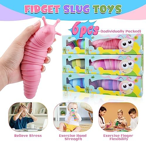 Cevioce 6 Sensory Slug Fidget Toys, Adults & Kids Party Favors, Autism Sensory Toys for 3+ Year Olds - Blue - Image 4