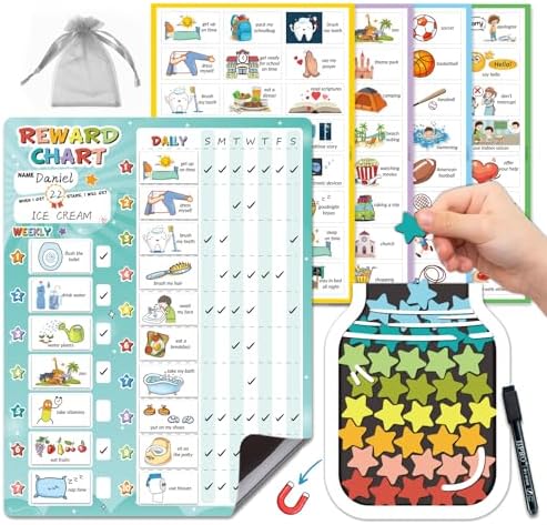 JJPRO Magnetic Reward Chart for Kids with Reward Jar- Behavior Reward Chart System, Toddlers Daily Routine,Visual Schedule Board,96 Reusable Stickers& 45 Star Tokens to Motivate Responsibility-Blue by JJPRO