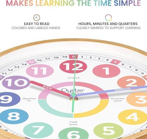 Oyster&Pop Large Pastel Kids Wall Clock - Silent 14" Analog Learning Clock - Image 2