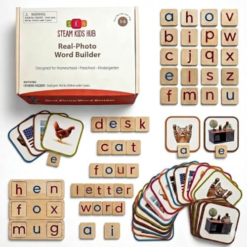 Montessori Wooden CVC Word Game | Real Photo Phonics Flash Cards Ages 3+ by Unknown