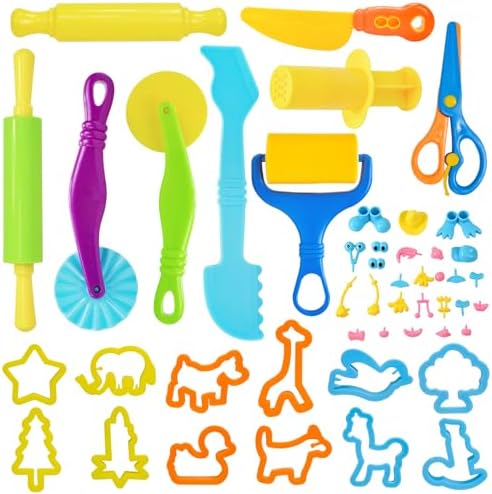 LCY WEDSHI Dough Tool Set, 47 Pcs Dough Tools Sets for Kids Ages 4-8, Dough Accessories Includes Animal Molds, Cutters Roller, Rolling Pins, Safety Scissors, Plastic Knife by LCYWEDSHI