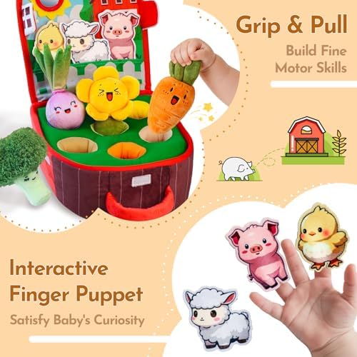 Baby Toys 6-12 Months, Farm Vegetable Garden Plush Toy with Animal Finger Puppets, 6 Month Old Montessori Sensory Toys with Rattles, Squeaker, Textures, Teether, Birthday Boy Girl Gifts - Image 4