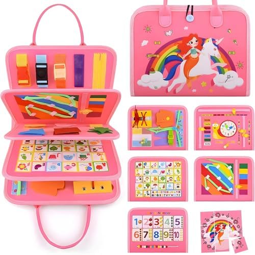 Montessori Busy Board Sensory Toddler Activity Book (Pink) by Amorgift-Loveforchildren