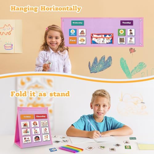 PITCOTT Visual Schedule for Kids Chore Chart，3 in 1 Daily Schedule Board Routine Pocket Chart Cards for Toddlers,Autism Learning Materials Tool Wall Planner for Home School with 103 Cards （Pink） - Image 6