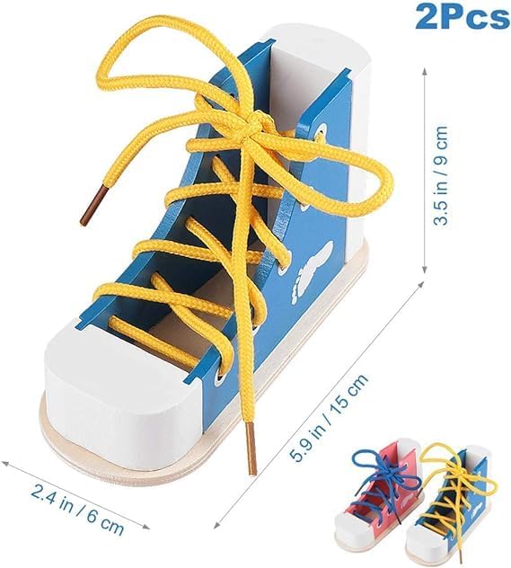 Mikily's Learn to Tie Shoes for Kids - Wooden Lacing Toy Shoe Tying & Practice Kit - Knot Tying Tool, Pick&blue - Image 2