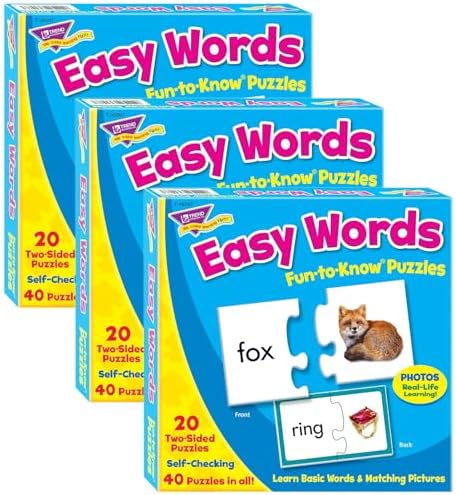 Trend Enterprises: Fun-to-Know Puzzles: Easy Words, Learn Basic Words & Matching Pictures, 20 Two-Sided Puzzles, Self-Checking, 40 Puzzles Total, for Ages 4 and Up (Pack of 3) by TRENDenterprisesInc