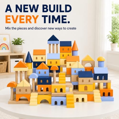 155-Piece Blue Wooden Building Blocks Set with Storage Bag - Image 4