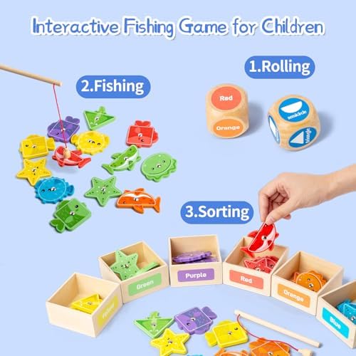 Montessori Fishing Game for Toddlers,Wooden Magnetic Fishing Game,Early Educational-Shape & Color Sorting Toy for Kid 3-5,Preschool Learning Fine Motor Skill,Classroom Matching Activity - Image 3