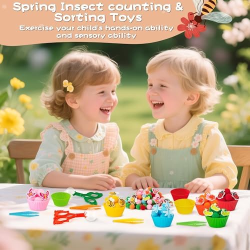 EZdhuawuse Summer Insects Sensory Bin Fillers - 321P Summer Bee Fine Motor Toys Counting Sorting for Easter Gift, Counting Toy with Felt Butterfly Pom Pom Cup Clip for Preschool Education Activities - Image 3