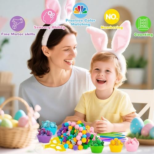 EZdhuawuse Summer Sensory Bin Fillers - 268P Summer Bunny Fine Motor Toys Rabbit Counting Sorting for Kids, Counting Toy with Shiny Bunny Pom Poms Cup Clip for Preschool Education Activities - Image 6
