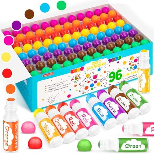 Soucolor 96-Pack Washable Dot Markers for Kids & Toddlers 8 Vibrant Colors by Soucolor