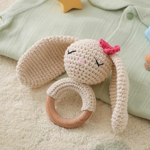 Natural Hand-Knit Wooden Baby Rattle - Soft Animal Shaped Sensory Toy for Newborns, Infants | Safe Beechwood & Crochet Texture | Perfect Baby Shower Gift - Image 3