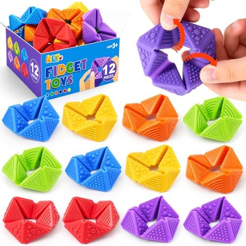 KLT Fidget Toys Bulk for Kids: 12 Pack Quiet Sensory Flip Toys with 4 Textures - Small Silicone Fidgets for Classroom Prize Box - Autism ADHD Calm Down Toys by KLT