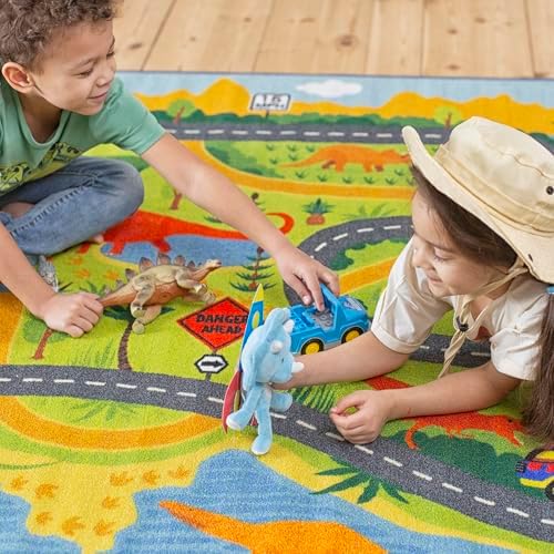 KC Cubs 3x5 Dinosaur Toy Car Dino Road Rug – Educational Play Mat Carpet for Kids, Toddlers, Nursery, Classroom, Playroom, Baby Daycare, Boys & Girls - Image 2